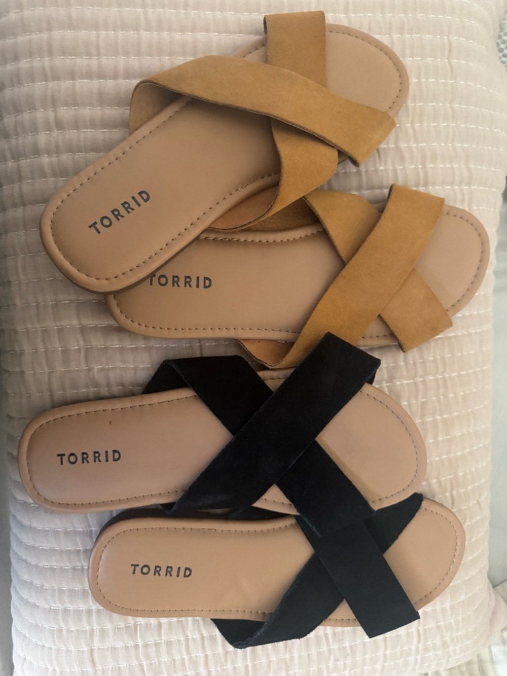 Torrid Crisscross Slide Sandals in Tan and Black
